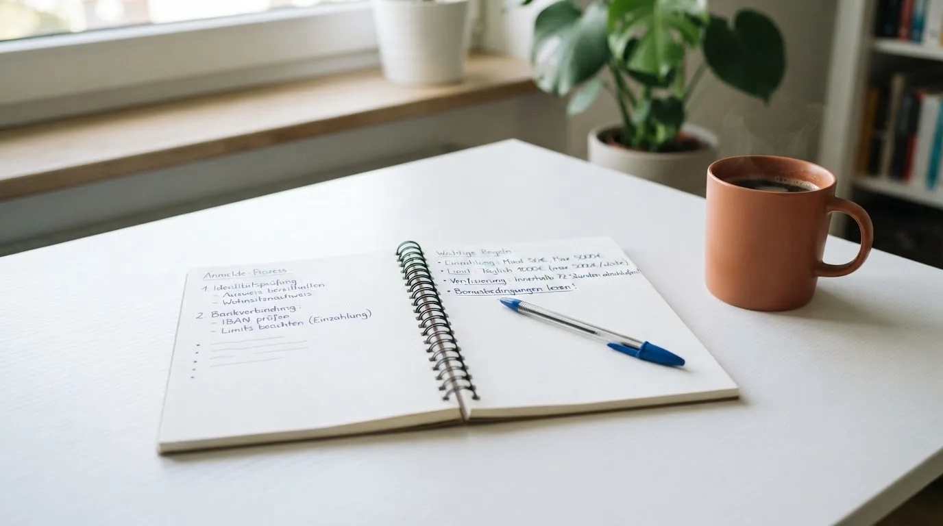 Ein aufgeschlagenes Notizbuch mit handschriftlichen Notizen und ein Kugelschreiber liegen auf einem hellen Schreibtisch neben einer Kaffeetasse.