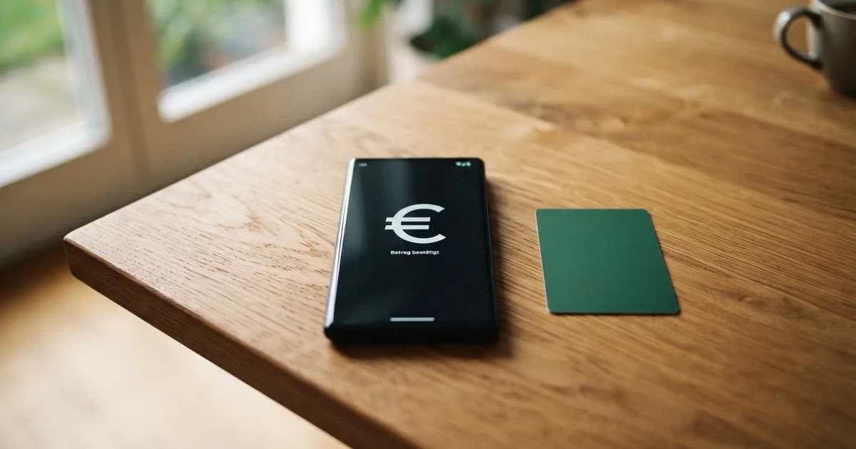 Ein Smartphone liegt mit dem Display nach unten auf einem Holztisch, daneben ein paar Euro-Münzen und eine unbeschriftete Plastikkarte im Morgenlicht.