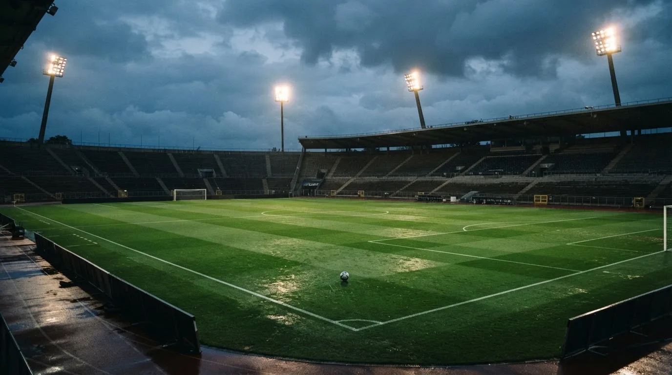 Ein Fußballplatz mit Flutlichtmasten in der Abenddämmerung, aus der Ferne gesehen, leere Tribünen und nasser Rasen unter bewölktem Himmel.