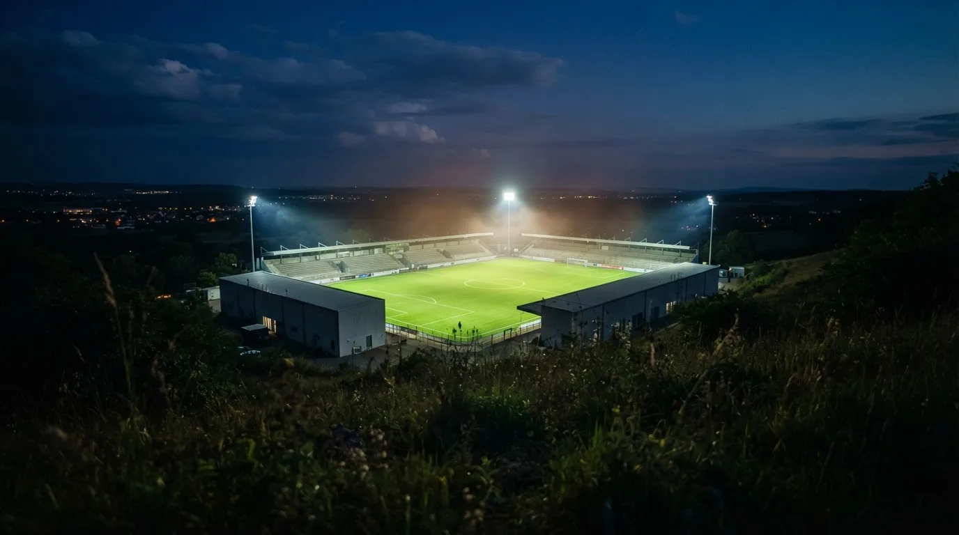 Ein Stadion unter Flutlicht bei Nacht, von einem Hügel aus der Ferne betrachtet, mit Dunst über dem Spielfeld.