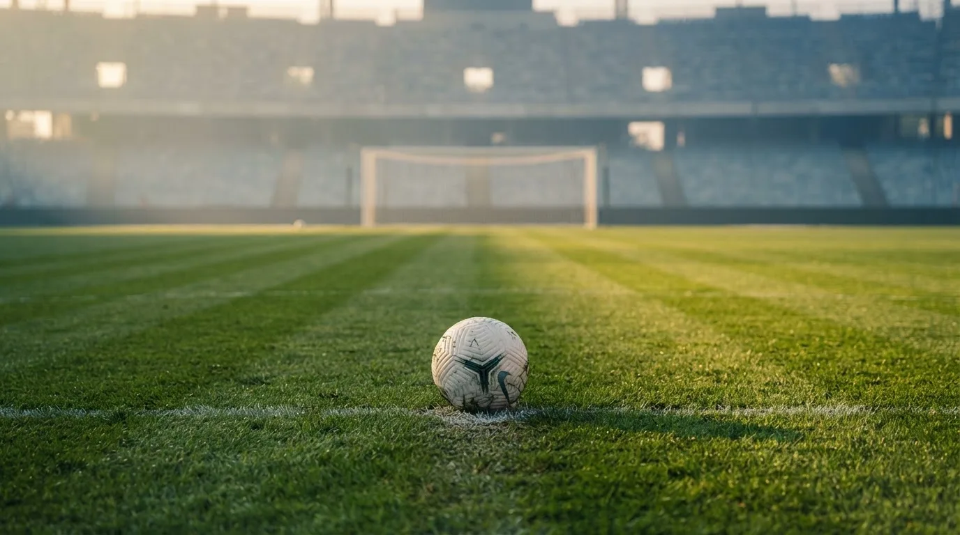 Ein Fußball liegt auf dem Elfmeterpunkt eines leeren Rasenplatzes, im Hintergrund eine Tribüne im Dunst.