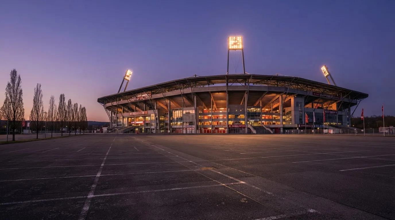 Ein Fußballstadion von außen in der Dämmerung, hohe Flutlichtmasten vor einem violetten Himmel, davor ein leerer Parkplatz.