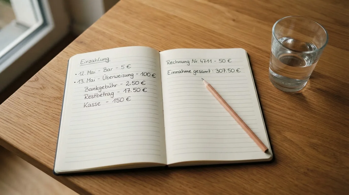 Ein aufgeschlagenes Heft mit handschriftlichen Notizen und ein Bleistift liegen auf einem Schreibtisch, daneben ein Glas Wasser.