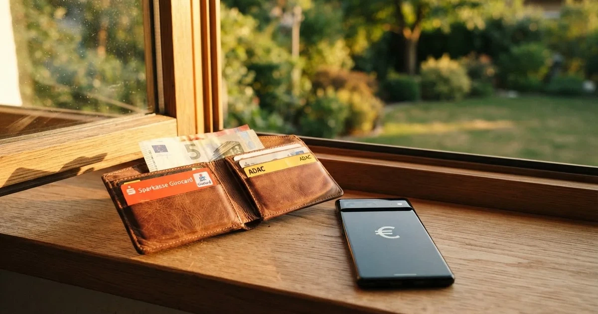 Eine Geldbörse aus Leder liegt geöffnet neben einem Smartphone auf einer Fensterbank, im Hintergrund ein Garten im Gegenlicht.