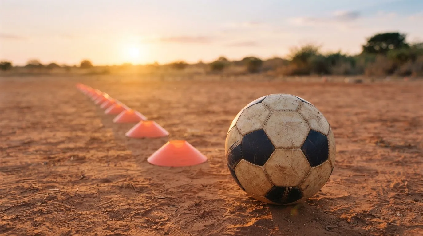 Ein Fußball auf rotem Sandboden neben einer Reihe Hütchen auf einem Trainingsplatz bei untergehender Sonne.