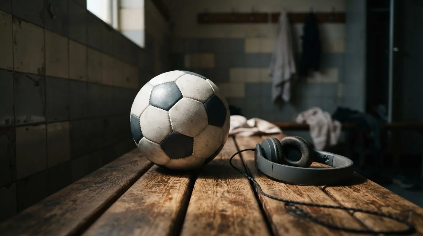 Ein Fußball liegt neben Kopfhörern auf einer Holzbank in einer Umkleide, Licht fällt durch ein schmales Fenster.