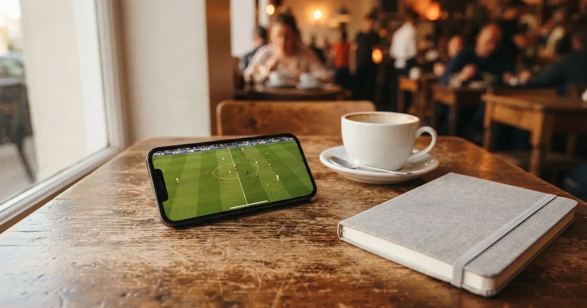 Ein Smartphone mit dunklem Bildschirm liegt auf einem Tisch in einem Café, daneben eine Tasse und ein Notizbuch.