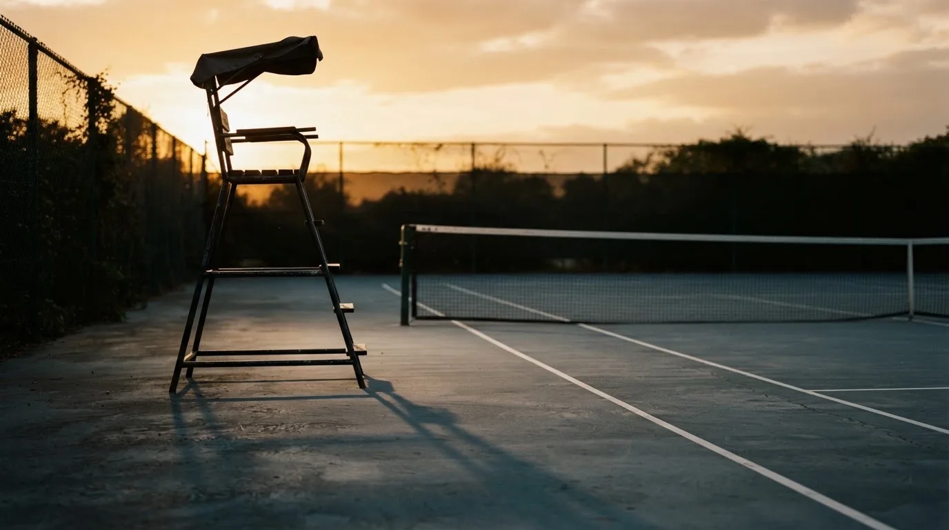 Ein leerer Schiedsrichterstuhl am Spielfeldrand eines Tennisplatzes im Abendlicht, lange Schatten auf dem Belag.