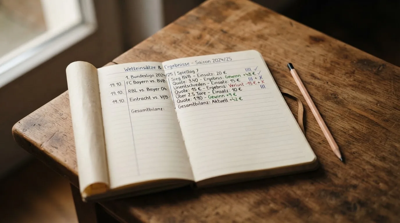 Ein handschriftlich geführtes Heft mit Strichlisten liegt neben einem Bleistift auf einem Tisch, seitlich fällt Tageslicht herein.