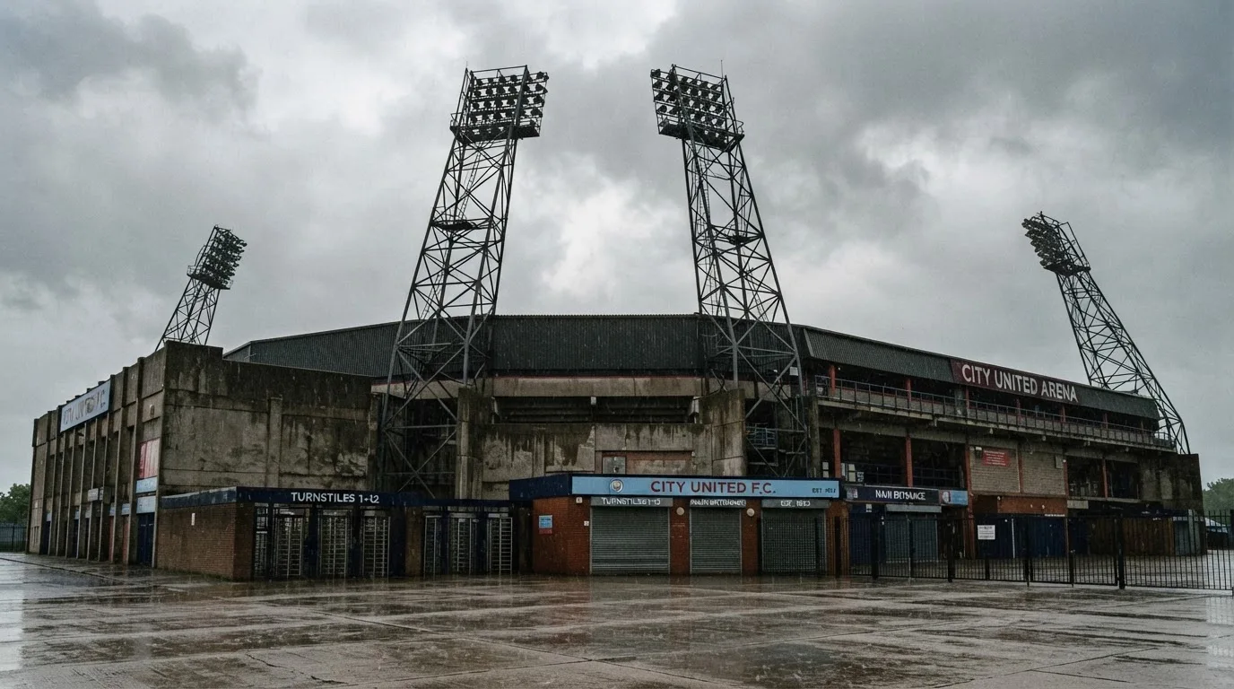 Ein leeres Stadion von außen, hohe Flutlichtmasten vor einem grauen Himmel mit Regenwolken.