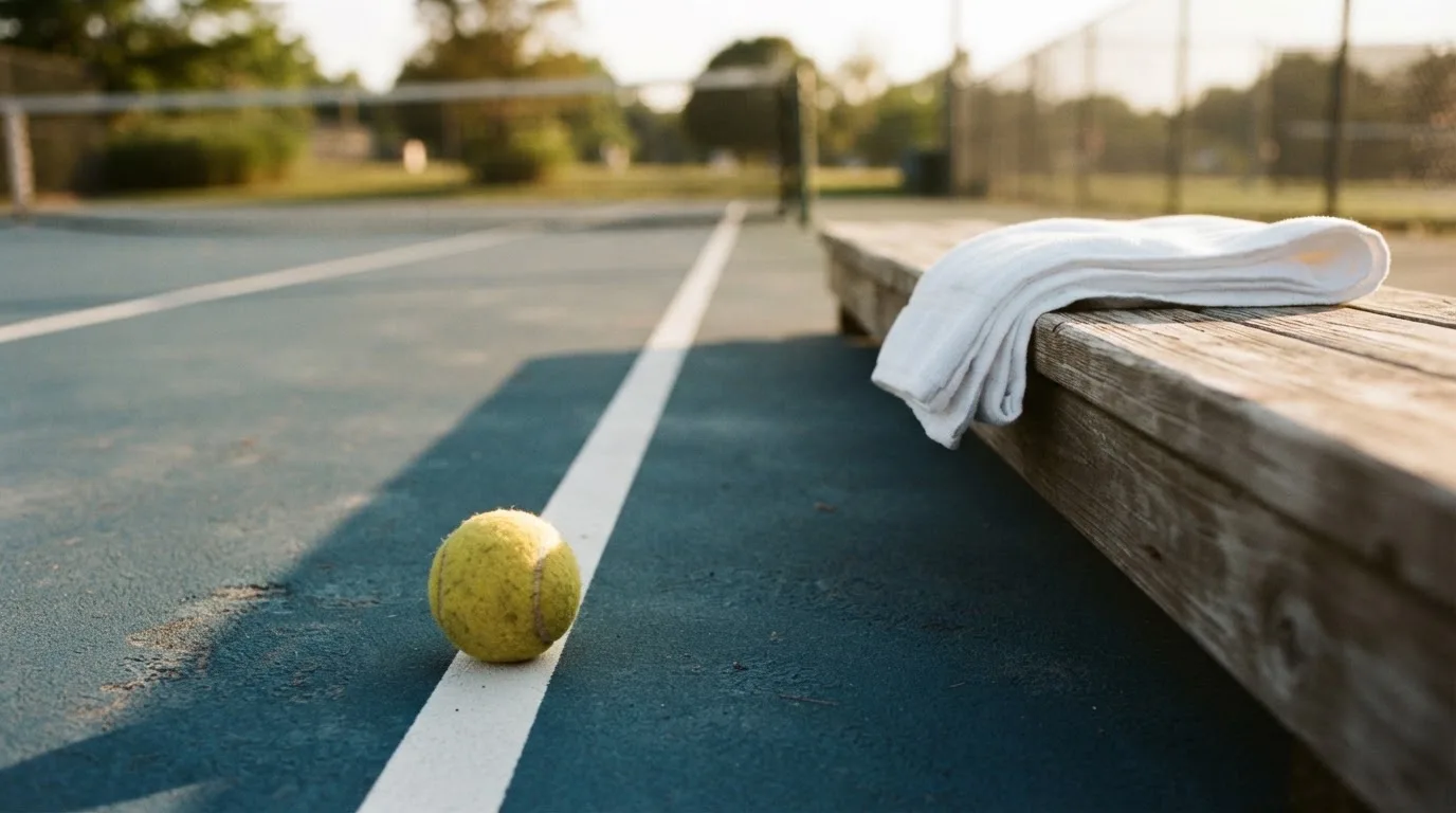Ein gelber Tennisball liegt auf einer weißen Linie, daneben ein Handtuch auf einer Bank am Spielfeldrand.