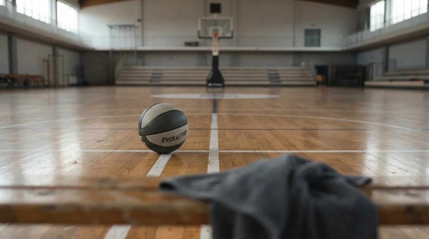 Ein Basketball liegt auf der Freiwurflinie einer Halle, im Vordergrund ein Handtuch auf einer Bank.