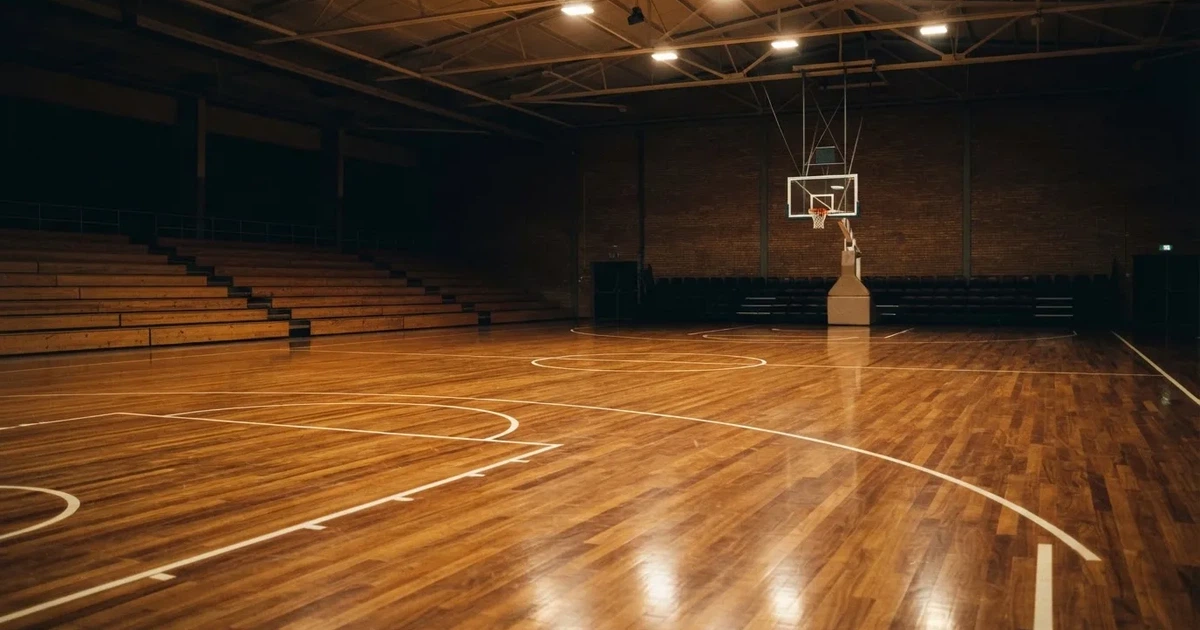 Eine leere Basketballhalle mit glänzendem Parkett und einem Korb im Hintergrund, Licht von Deckenstrahlern spiegelt sich im Boden.