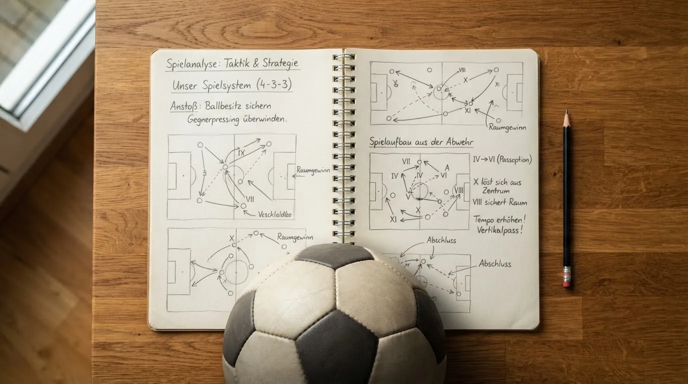 Ein Fußball liegt auf einem Notizbuch mit handgezeichneten Skizzen von Spielzügen, aufgenommen von oben auf einem Holztisch.