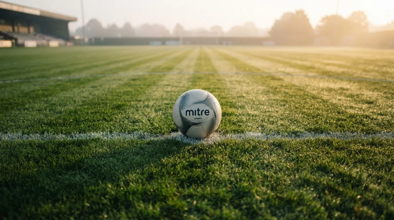Ein Fußball liegt auf dem Anstoßpunkt eines Rasens bei Sonnenaufgang, Tau glitzert auf den Halmen.