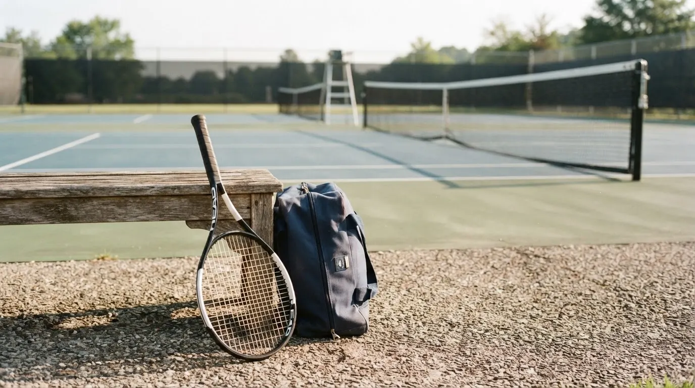 Ein Tennisschläger lehnt an einer Bank neben einer Sporttasche, im Hintergrund ein leerer Platz.