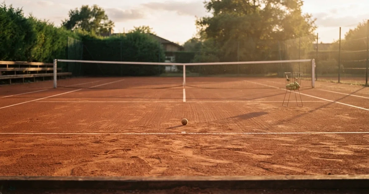 Ein Sandplatz mit frisch gezogenen Linien in der Nachmittagssonne, Netz und Ballkorb am Rand, keine Menschen.