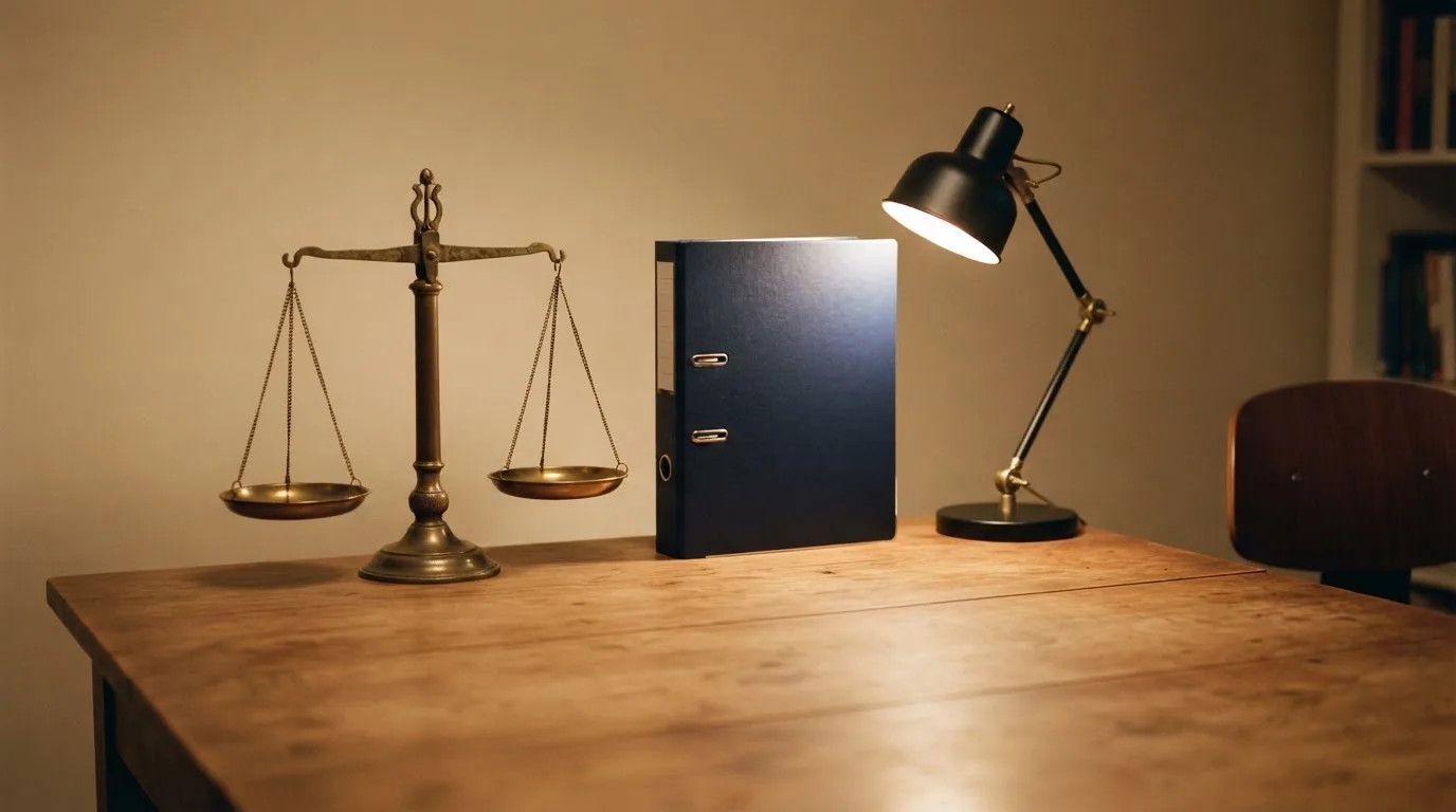 Eine Waage aus Messing und ein geschlossener Ordner ohne Beschriftung stehen neben einer Tischlampe auf einem Schreibtisch.
