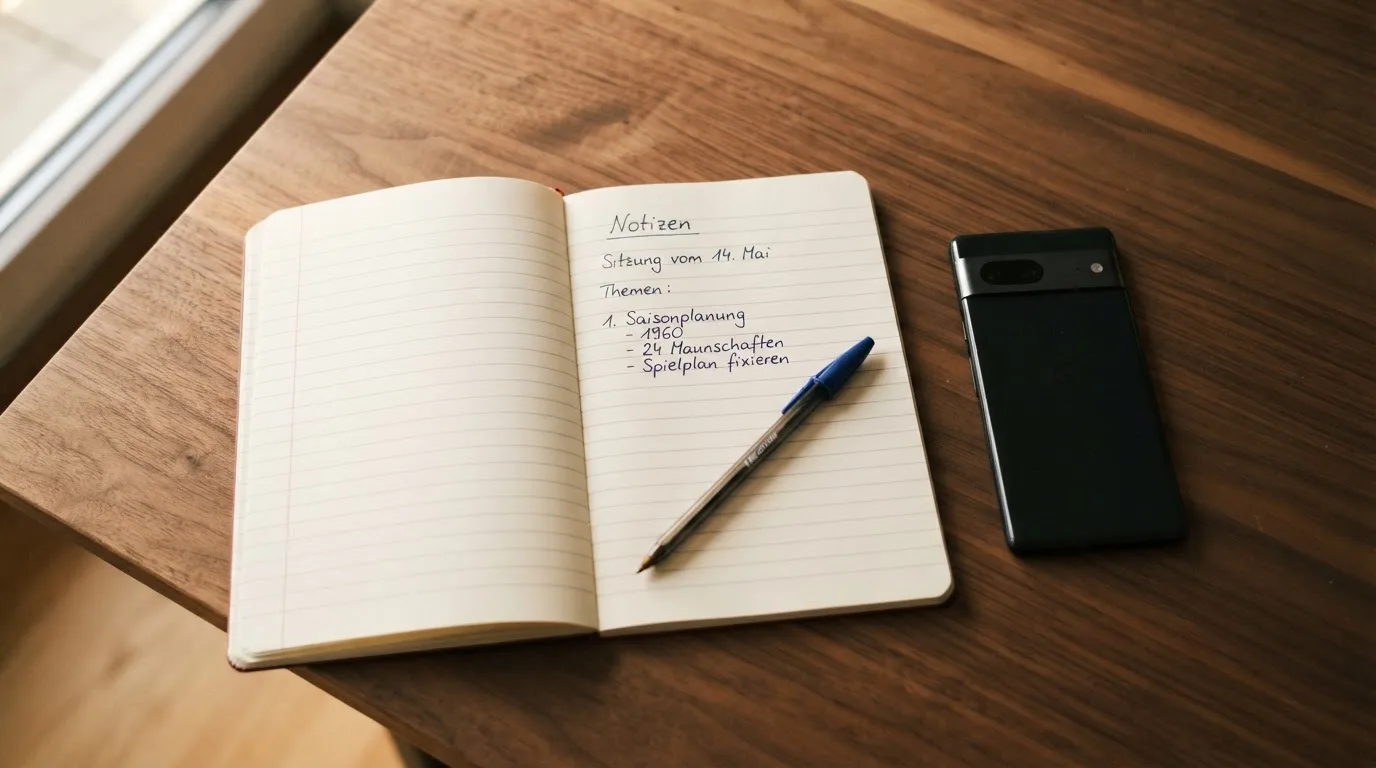 Ein Notizbuch mit handschriftlichen Notizen und ein Kugelschreiber liegen neben einem Smartphone mit dunklem Display auf einem Holztisch.