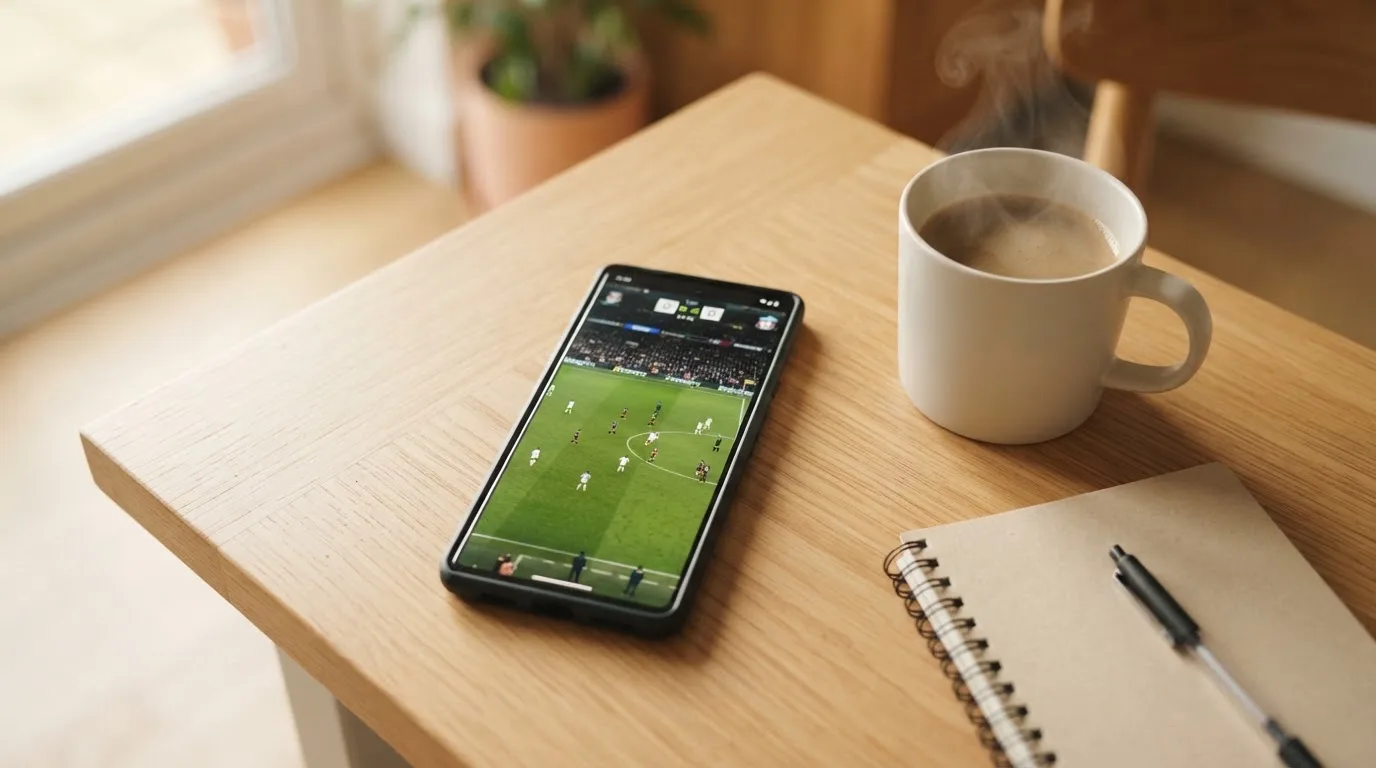 Ein Smartphone mit dunklem Display liegt neben einer Kaffeetasse und einem Notizblock auf einem hellen Tisch.