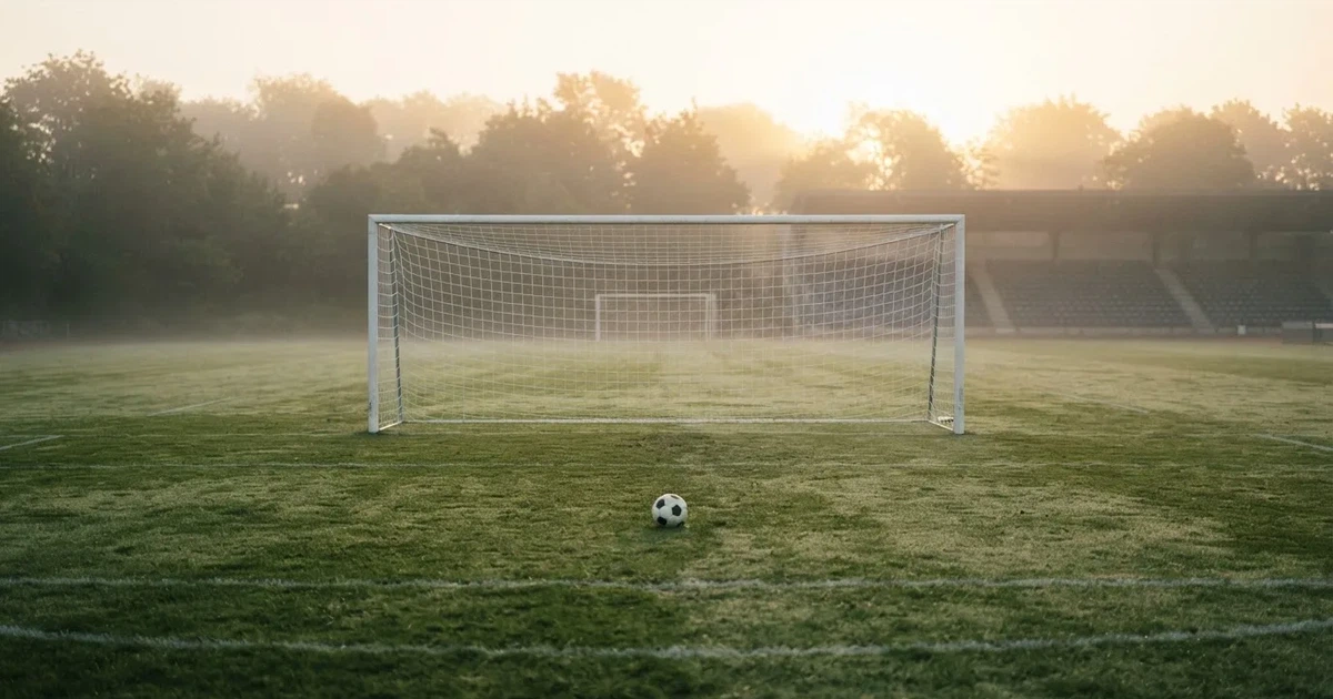 Ein Fußballtor mit gespanntem Netz steht auf einem leeren Rasenplatz, davor ein einzelner Ball, Morgendunst liegt über dem Feld.