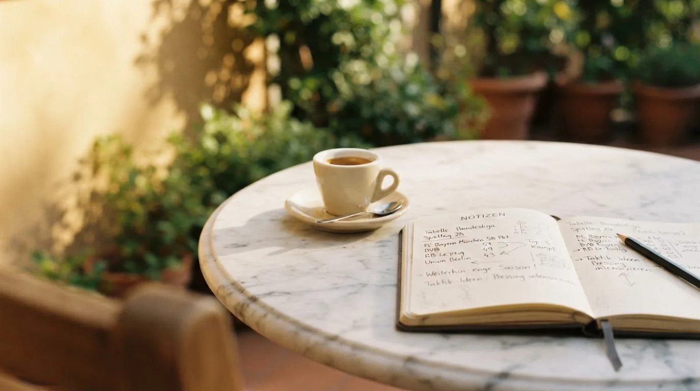 Eine Espressotasse steht auf einem kleinen Marmortisch einer Terrasse, daneben ein Notizheft mit handschriftlichen Skizzen.
