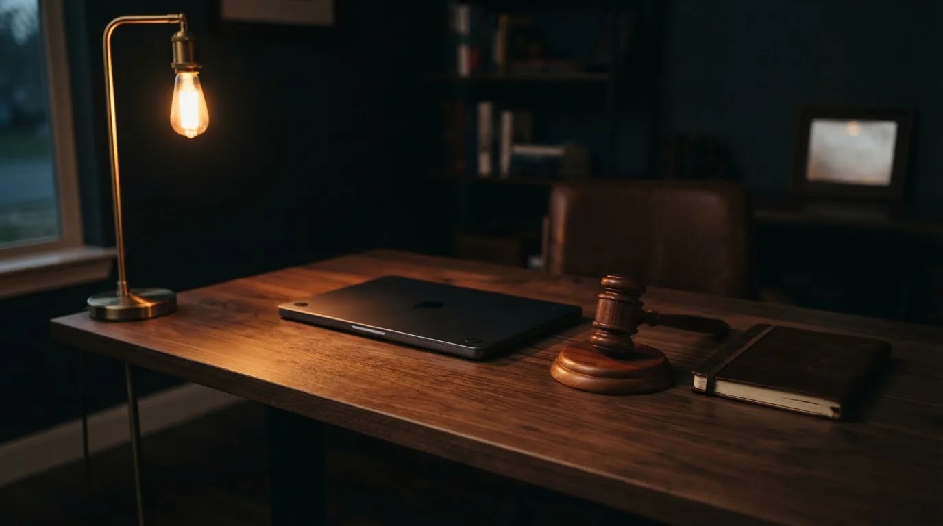 Ein Schreibtisch mit Stehlampe, einem geschlossenen Laptop und einem hölzernen Richterhammer im Halbdunkel.
