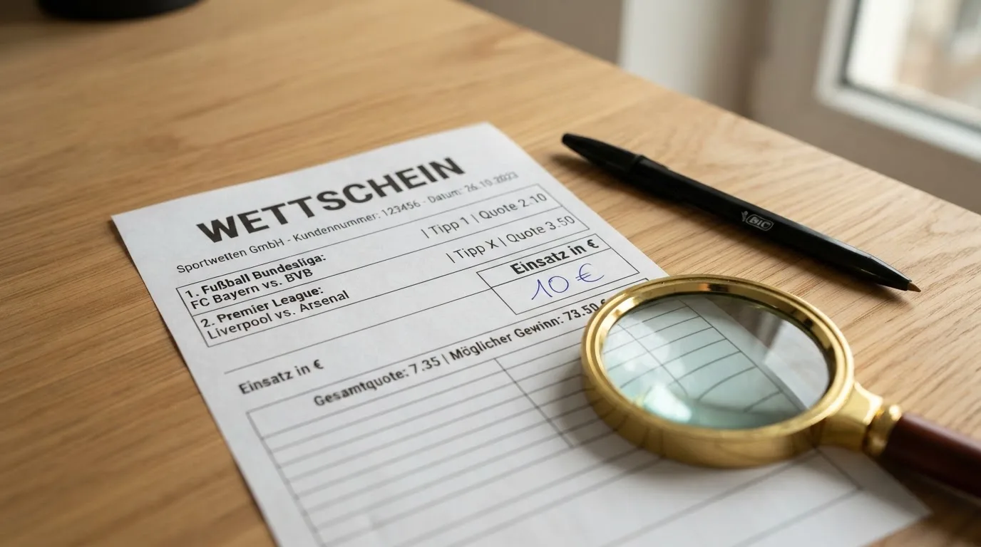 Ein leerer Wettschein aus Papier und ein Kugelschreiber liegen auf einem Schreibtisch neben einer Lupe.