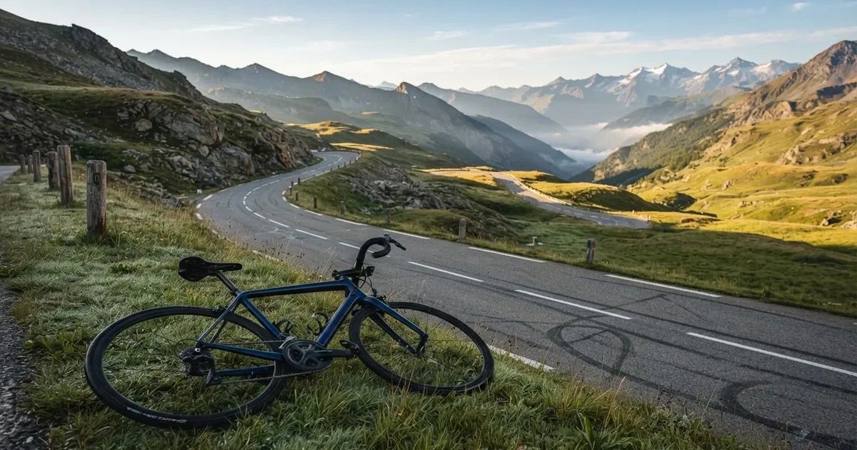Eine leere Landstraße schlängelt sich im Morgenlicht durch einen Gebirgspass, am Straßenrand liegt ein einzelnes Rennrad im Gras.
