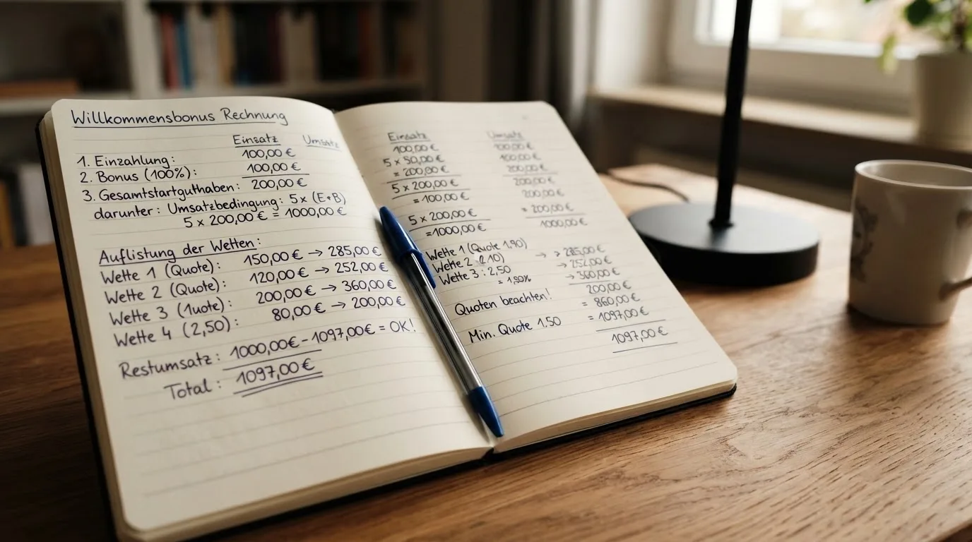Ein Notizbuch mit handschriftlichen Rechnungen und ein Taschenrechner liegen auf einem aufgeräumten Schreibtisch in warmem Licht.