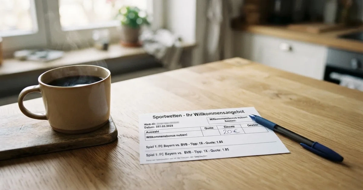 Ein leerer Papier-Wettschein liegt neben einem Kugelschreiber und einer Kaffeetasse auf einem hellen Holztisch, Tageslicht von links.