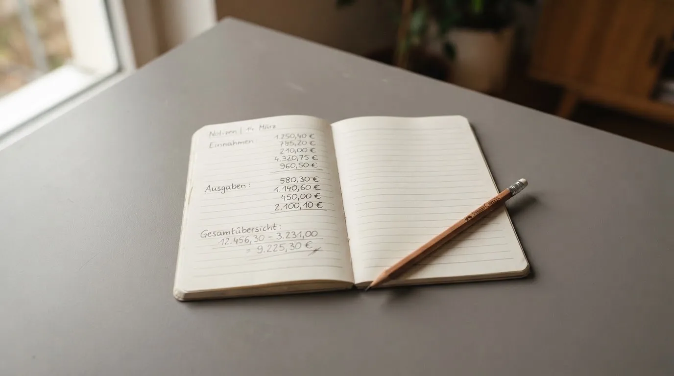 Ein Taschenrechner, ein Bleistift und ein Block mit handschriftlichen Zahlenreihen liegen auf einer grauen Arbeitsfläche.