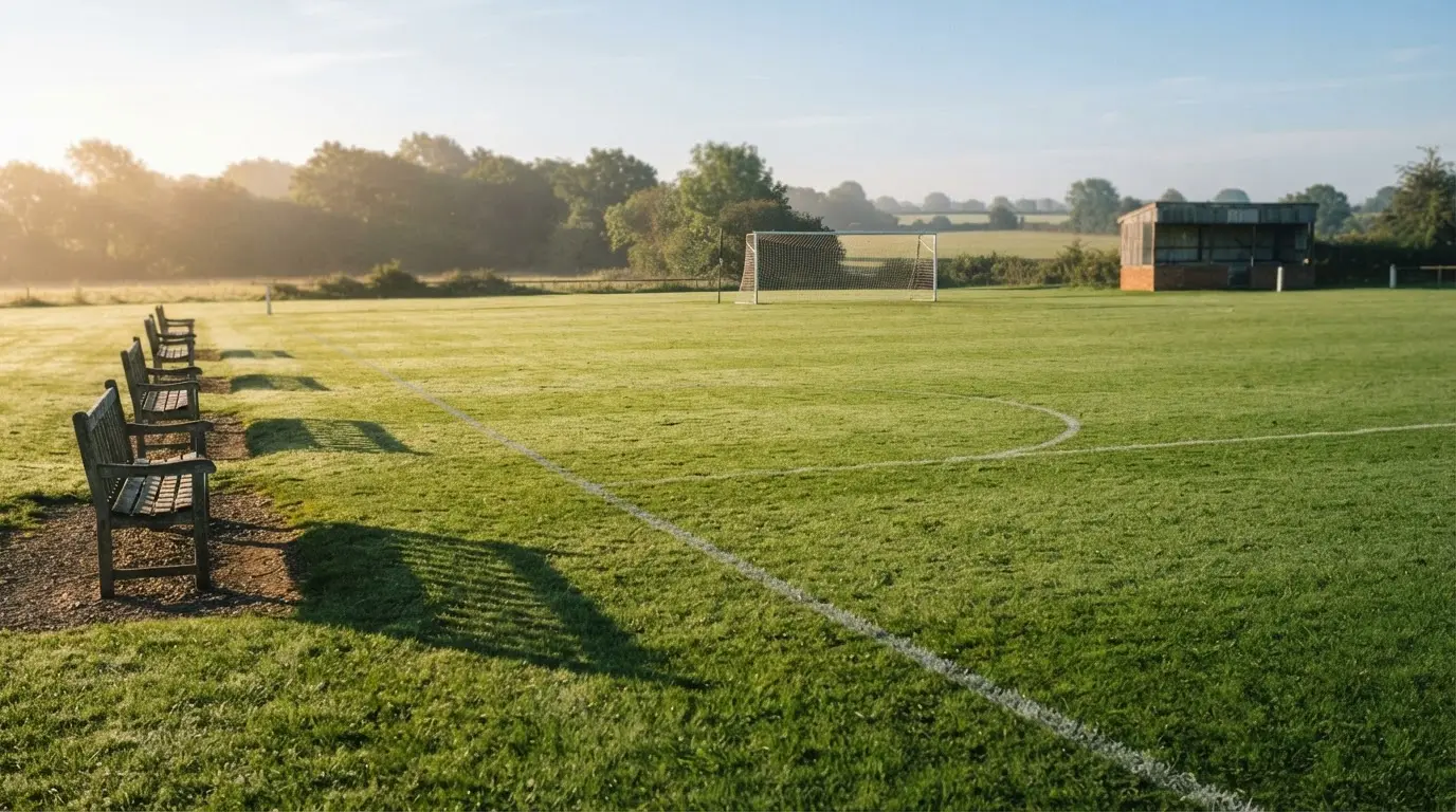 Ein Fußballplatz mit frisch gezogenen Kreidelinien im ersten Morgenlicht, leere Ersatzbänke am Spielfeldrand.
