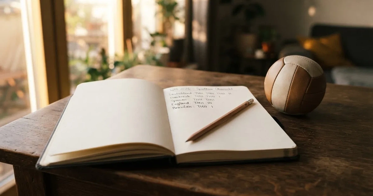 Ein Notizbuch mit handschriftlichen Strichlisten, ein Bleistift und ein kleiner Fußball liegen auf einem Schreibtisch vor einem Fenster.