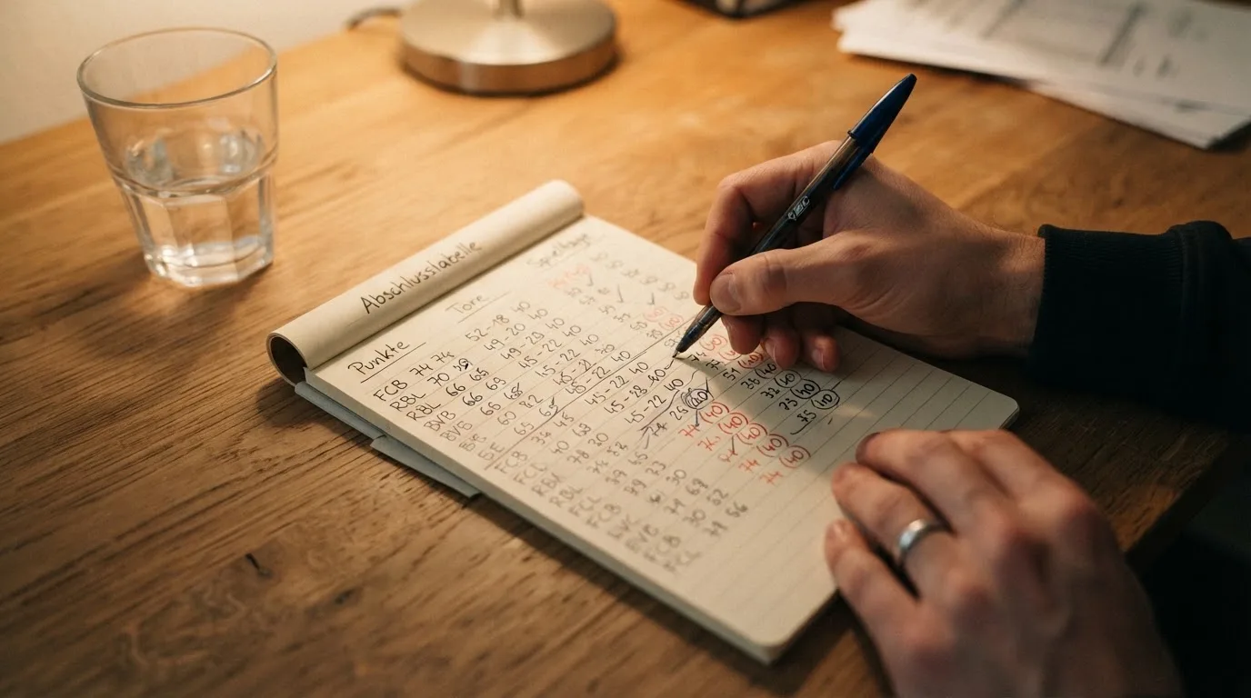 Ein Taschenrechner liegt auf einem Schreibtisch neben einem Block mit handschriftlichen Rechnungen und einem Glas Wasser.