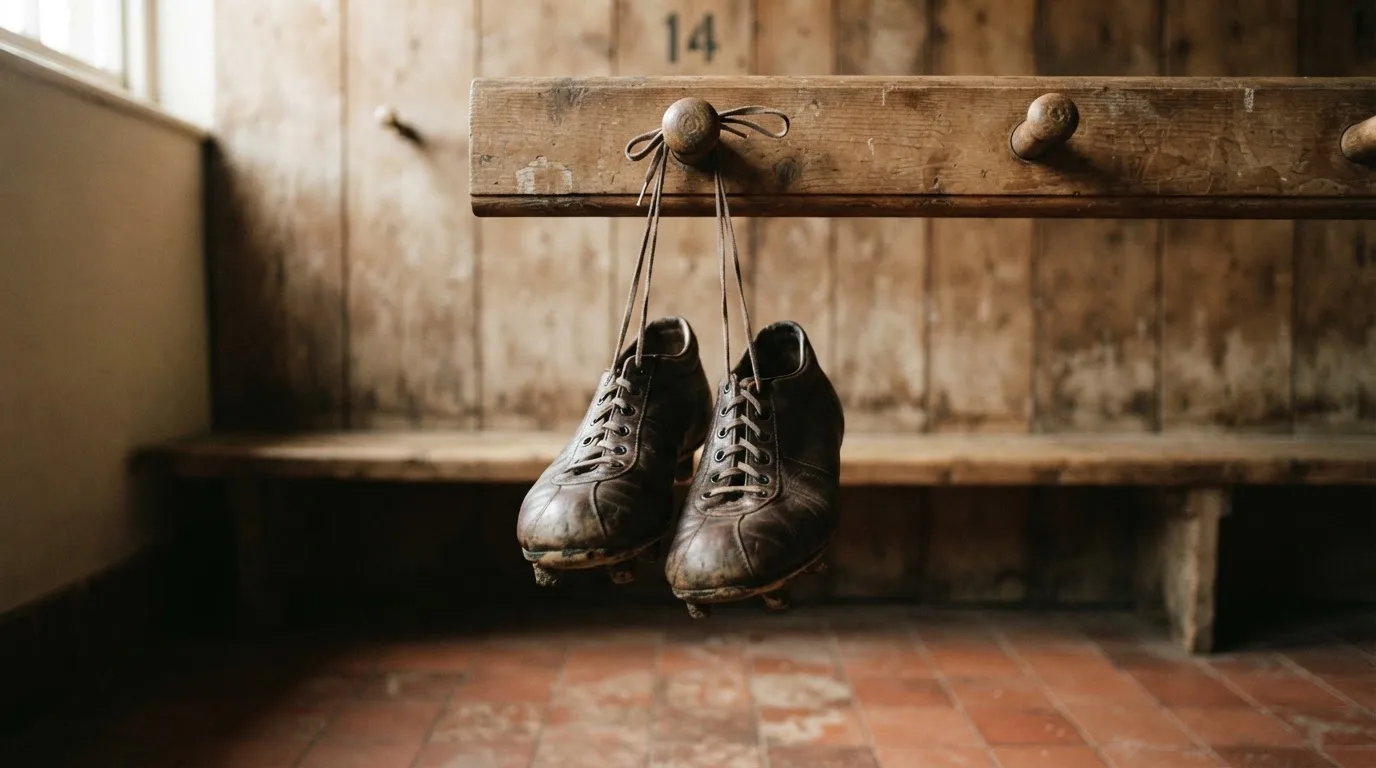 Ein Paar Fußballschuhe hängt an den Schnürsenkeln an einem Holzhaken in einer leeren Umkleidekabine.
