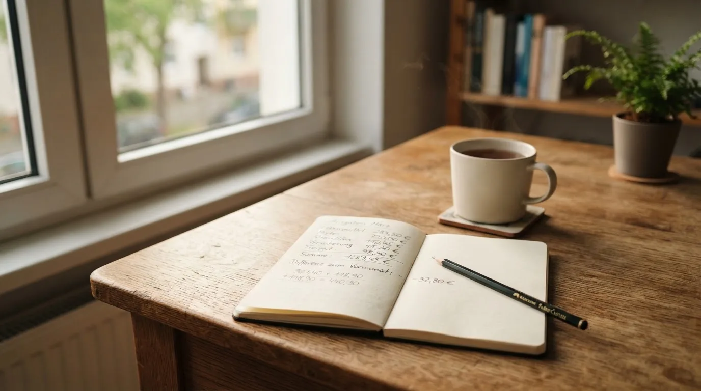 Ein Schreibtisch mit Taschenrechner, Bleistift und einem Block voller handschriftlicher Rechnungen, daneben eine Tasse Tee.