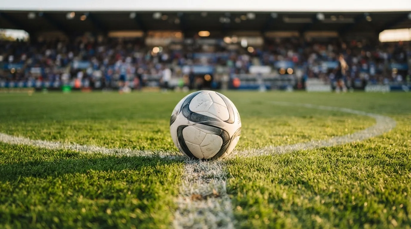 Ein Fußball liegt auf dem Rasen im Mittelkreis, die Kreidelinien führen scharf ins Bild, dahinter verschwimmt eine Tribüne.