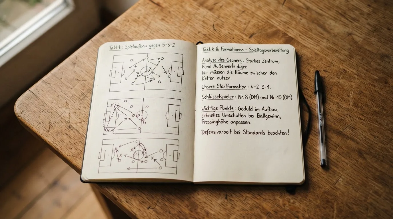 Ein aufgeschlagenes Notizbuch mit handschriftlichen Skizzen von Spielzügen liegt neben einem Kugelschreiber auf einem Holztisch.