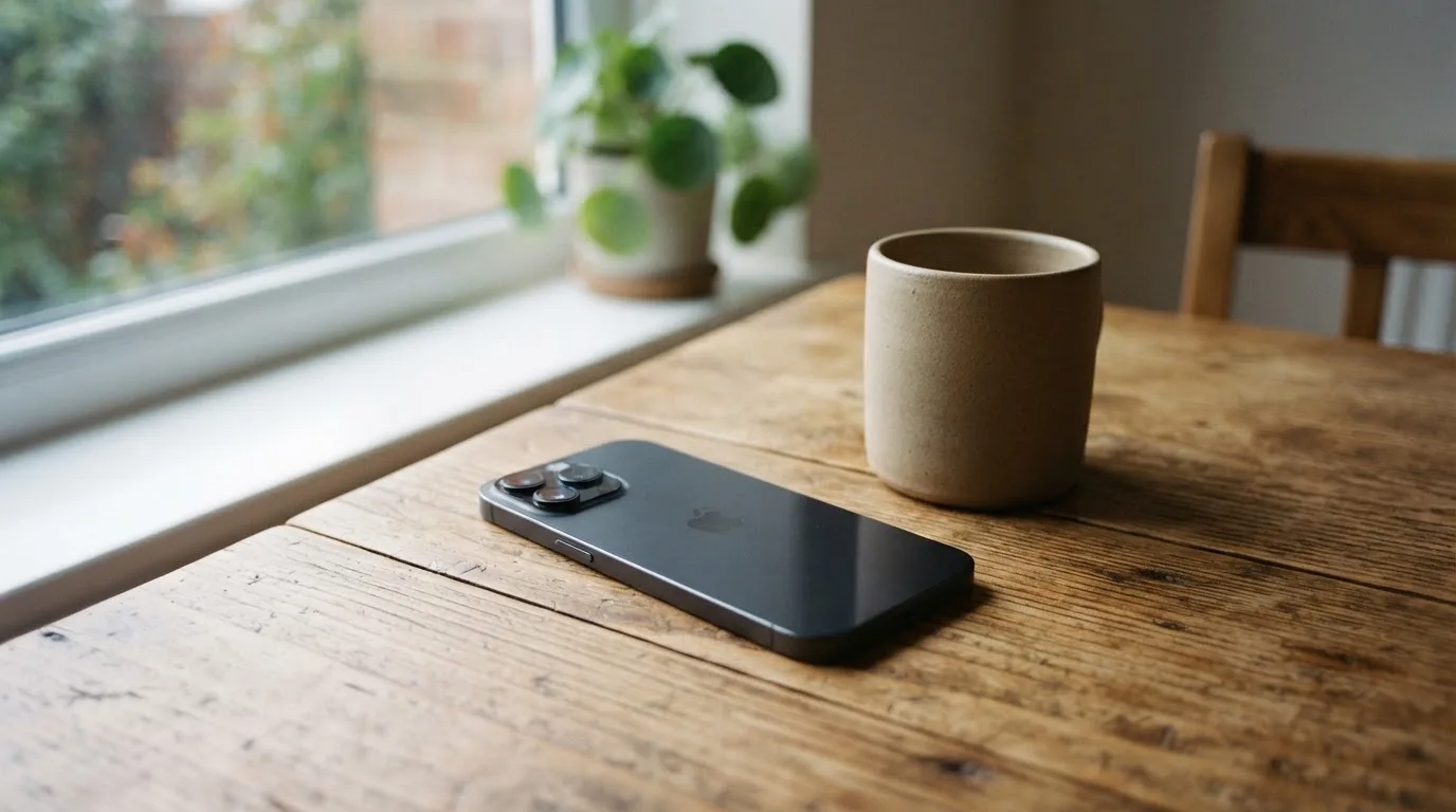 Ein Smartphone mit dunklem Display liegt neben einer Kaffeetasse auf einem Holztisch im Licht eines Fensters.