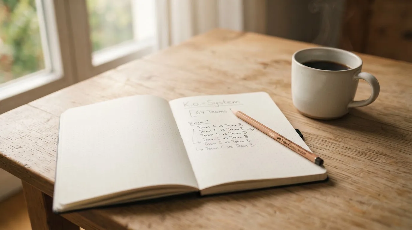 Ein aufgeschlagenes Notizbuch mit handgeschriebenen Stichpunkten und ein Bleistift liegen neben einer Kaffeetasse auf einem hellen Holztisch.