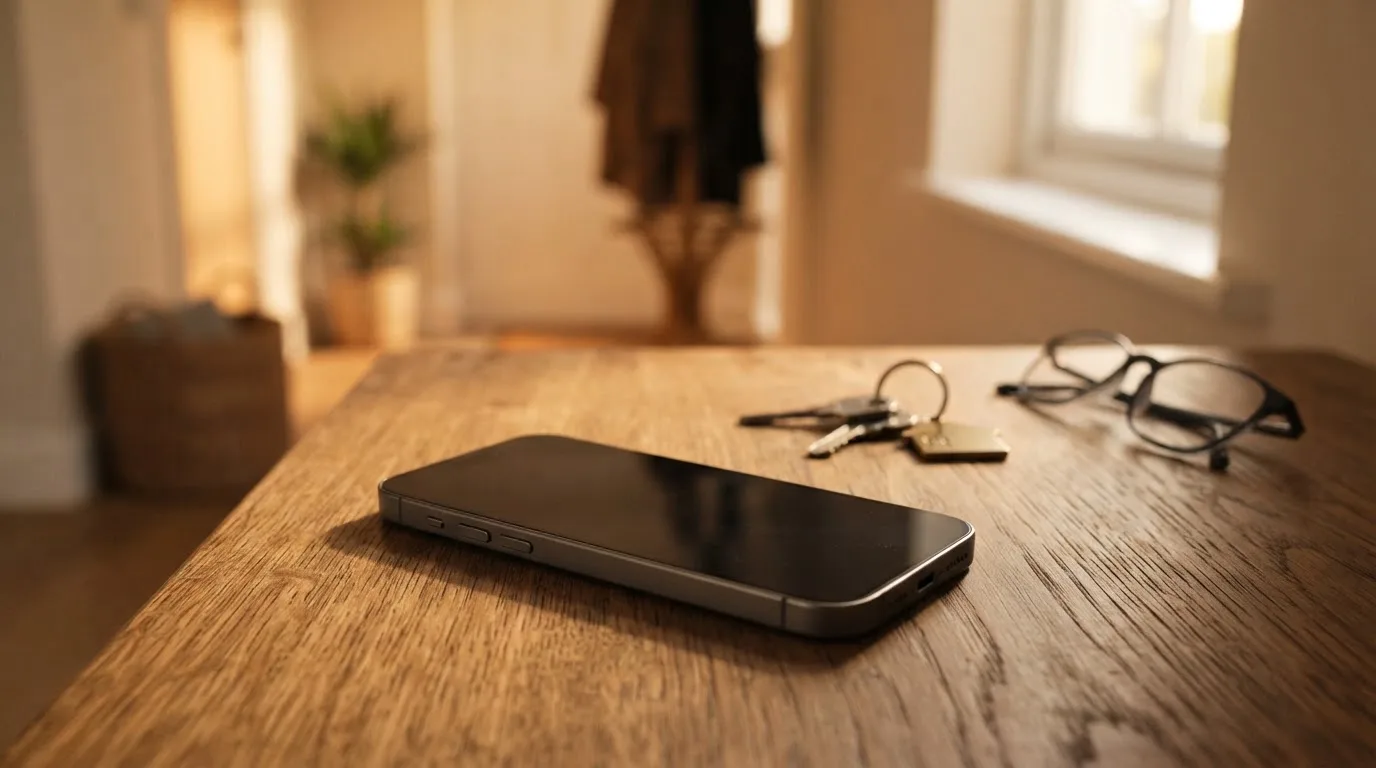 Ein Smartphone liegt mit dunklem Display auf einem Holztisch neben einem Schlüsselbund und einer Brille im Licht eines Fensters.