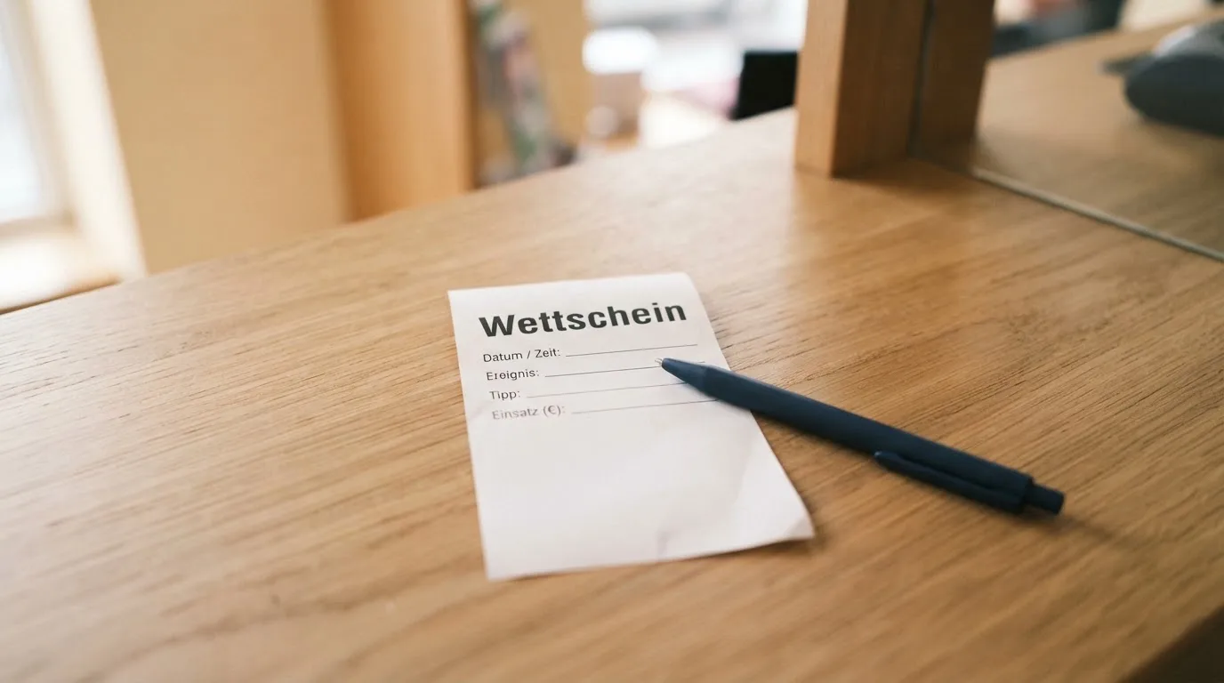 Ein leerer Papier-Wettschein und ein Kugelschreiber liegen auf einer Theke aus hellem Holz im Tageslicht.