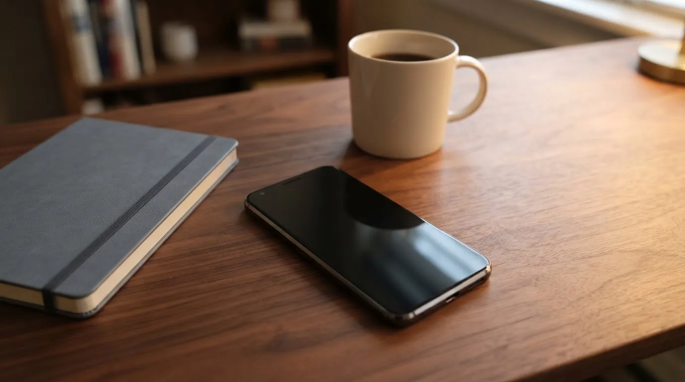 Ein Smartphone liegt mit dunklem Display auf einem Schreibtisch neben einem Notizbuch und einer Kaffeetasse.