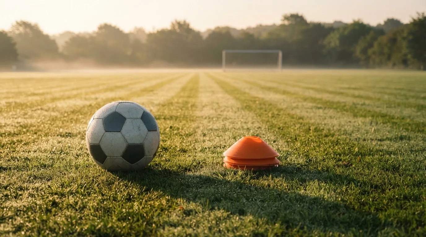Ein Fußball liegt auf einem Rasenplatz bei Sonnenaufgang, daneben ein kleiner Stapel Trainingshütchen.