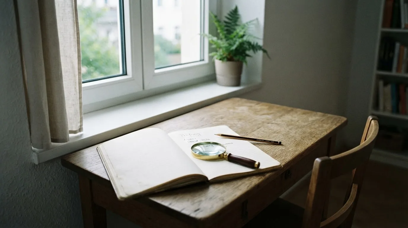Ein schmaler Schreibtisch am Fenster mit einem Notizbuch, einer Lupe und einem Bleistift im Morgenlicht.