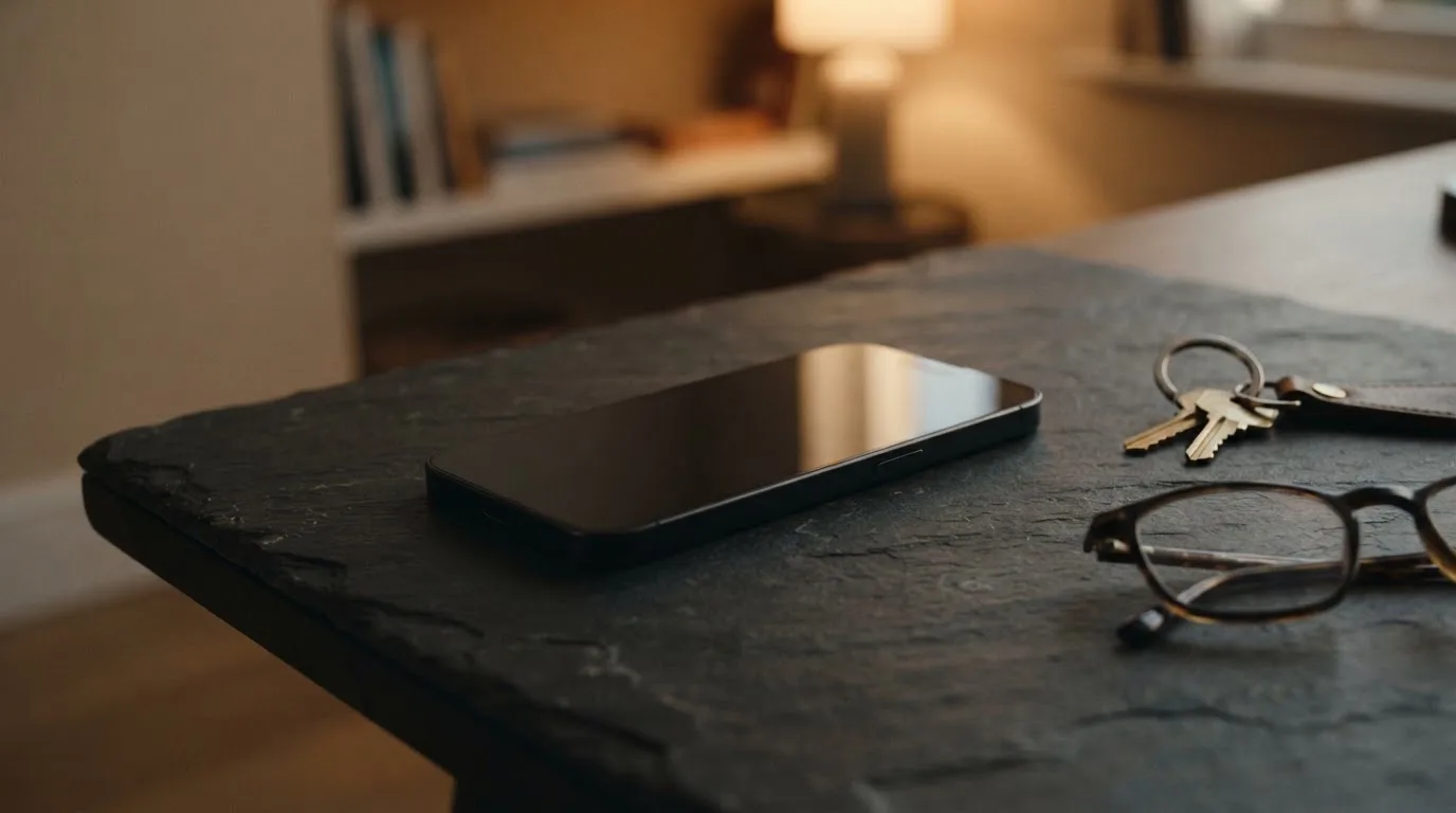 Ein Smartphone liegt mit dunklem Display auf einem Schreibtisch neben einem Schlüsselbund und einer Brille.