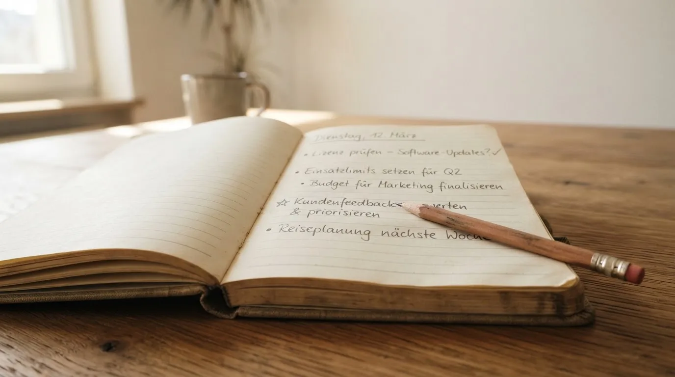 Ein Notizbuch mit handgeschriebenen Stichpunkten und ein Bleistift liegen auf einem Holztisch im Morgenlicht.