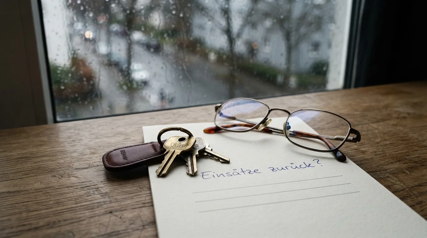 Ein Schlüsselbund und eine Brille liegen auf einem leeren Block neben einem Fenster mit Regentropfen.