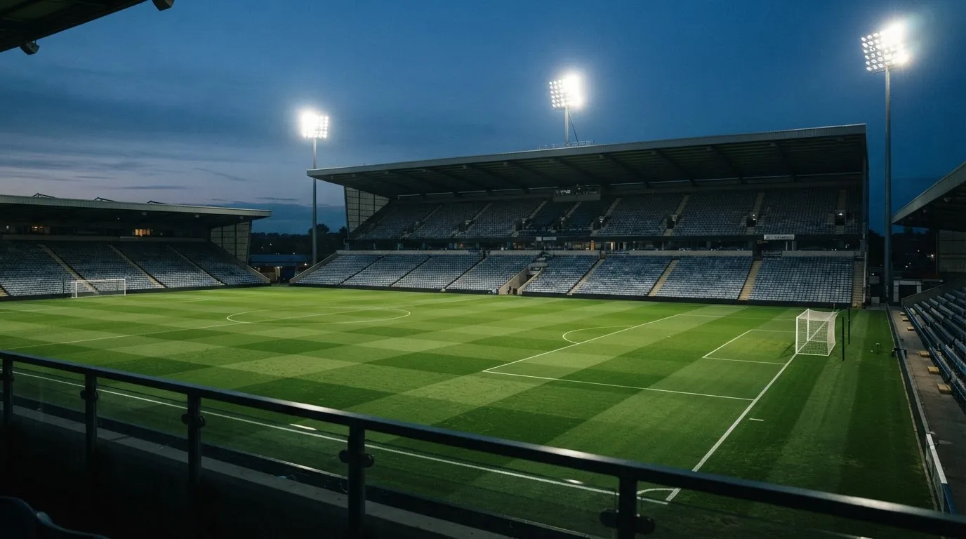 Eine leere Stadiontribüne unter Flutlicht aus der Ferne betrachtet, die Rasenfläche leuchtet grün in der Dämmerung.